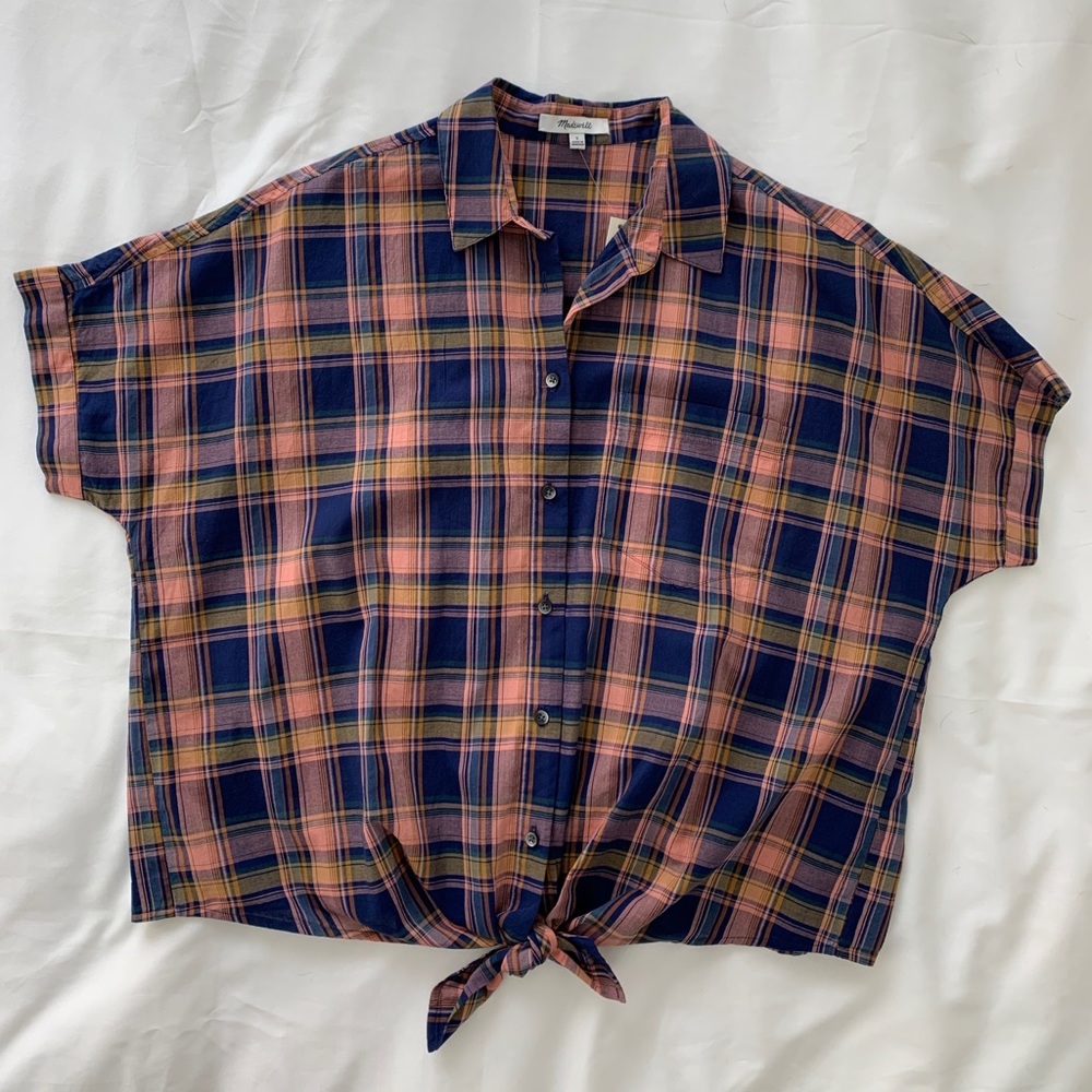 Madewell Short Sleeve Tie Front Top, Juniper Plaid